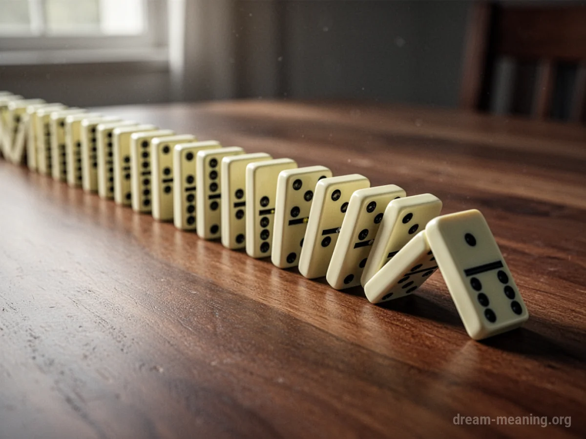 A line of upright dominoes beginning to fall in a chain reaction.
