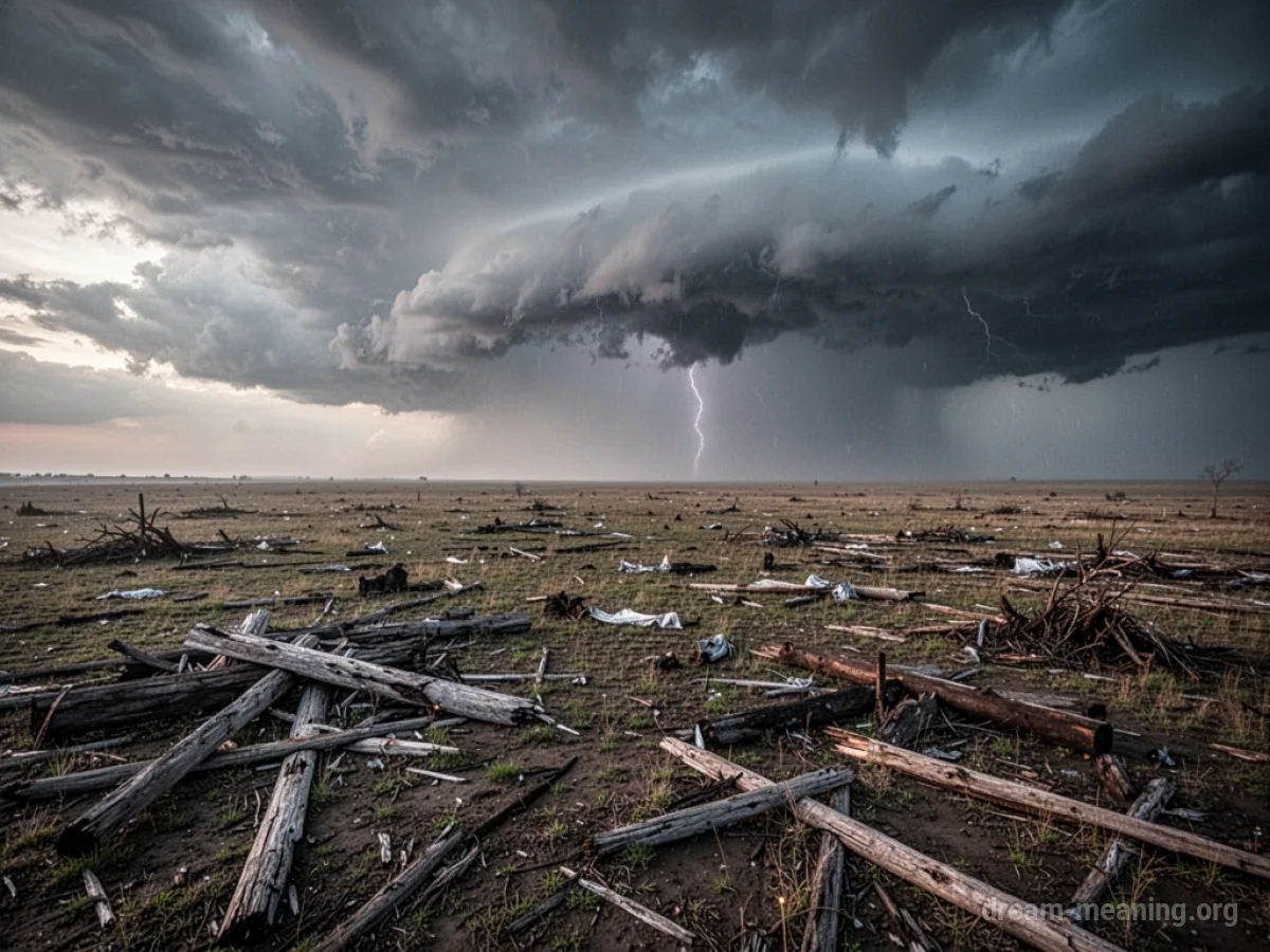 A desolate landscape with scattered debris under a cloudy sky.