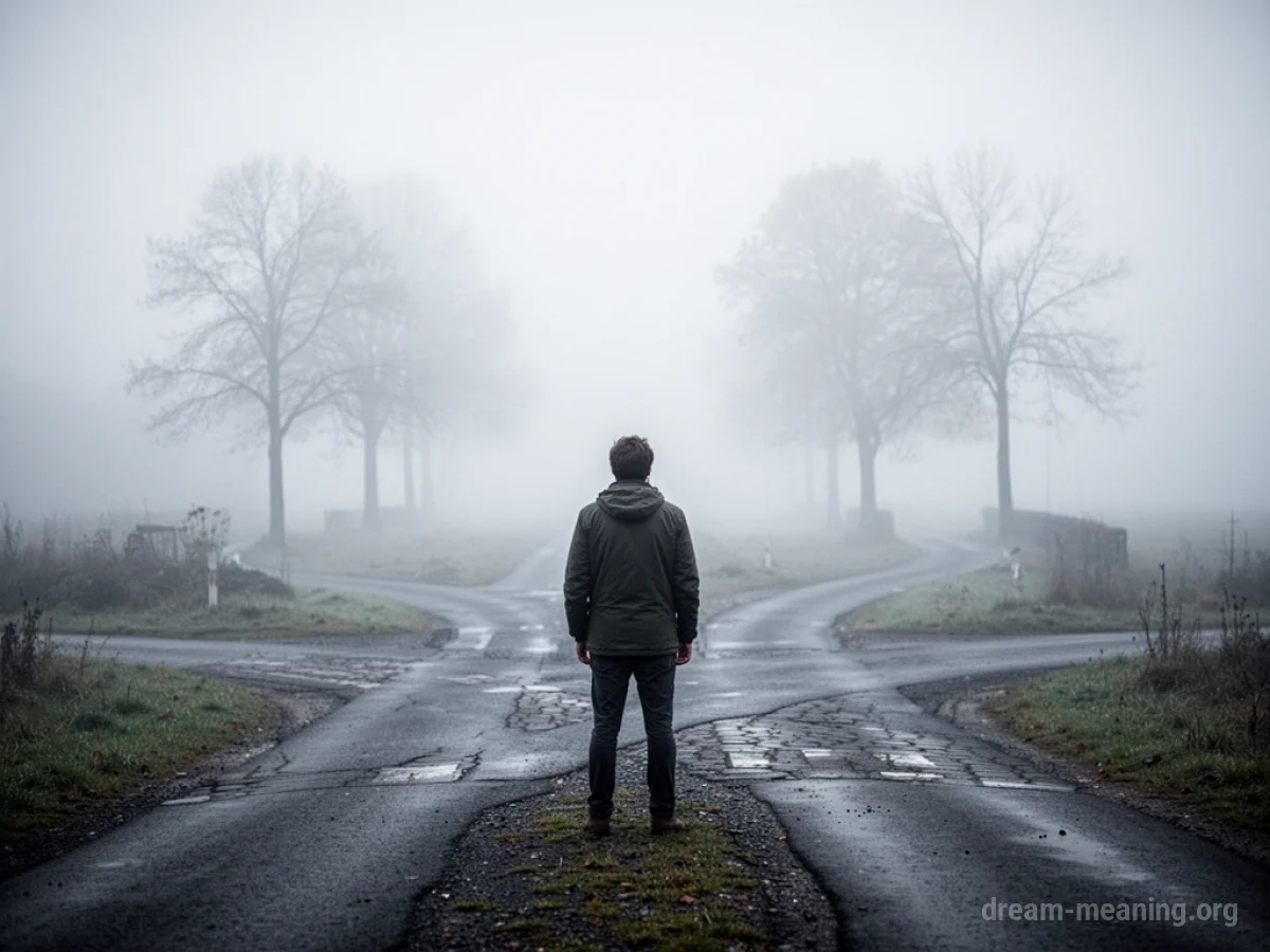 A person stands at a foggy intersection of several indistinct paths.