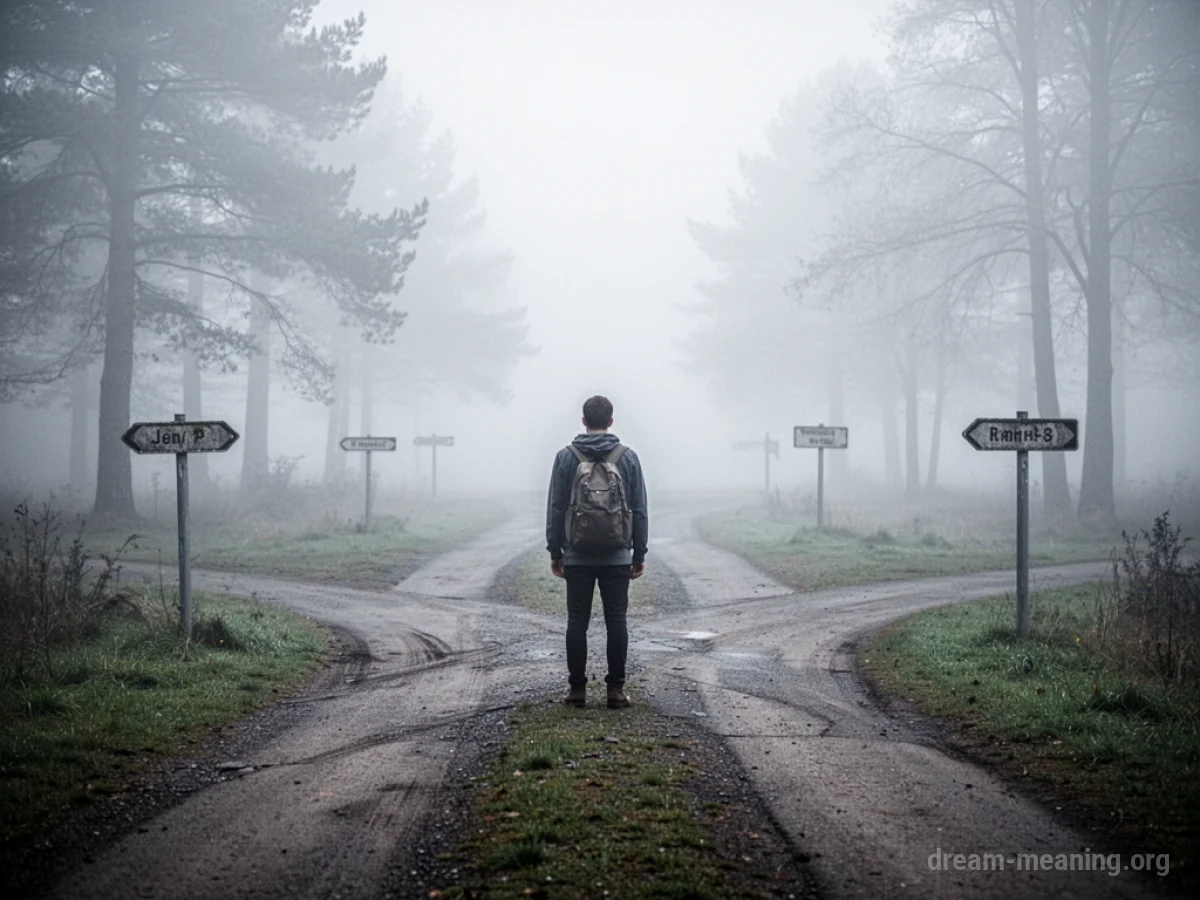 A person stands at a branching path shrouded in fog.