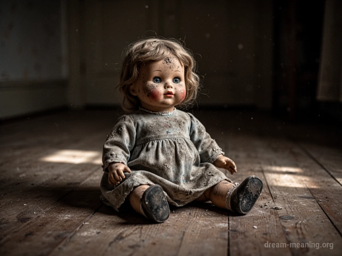 A vintage doll with faded clothing and missing eye sits on a floor.
