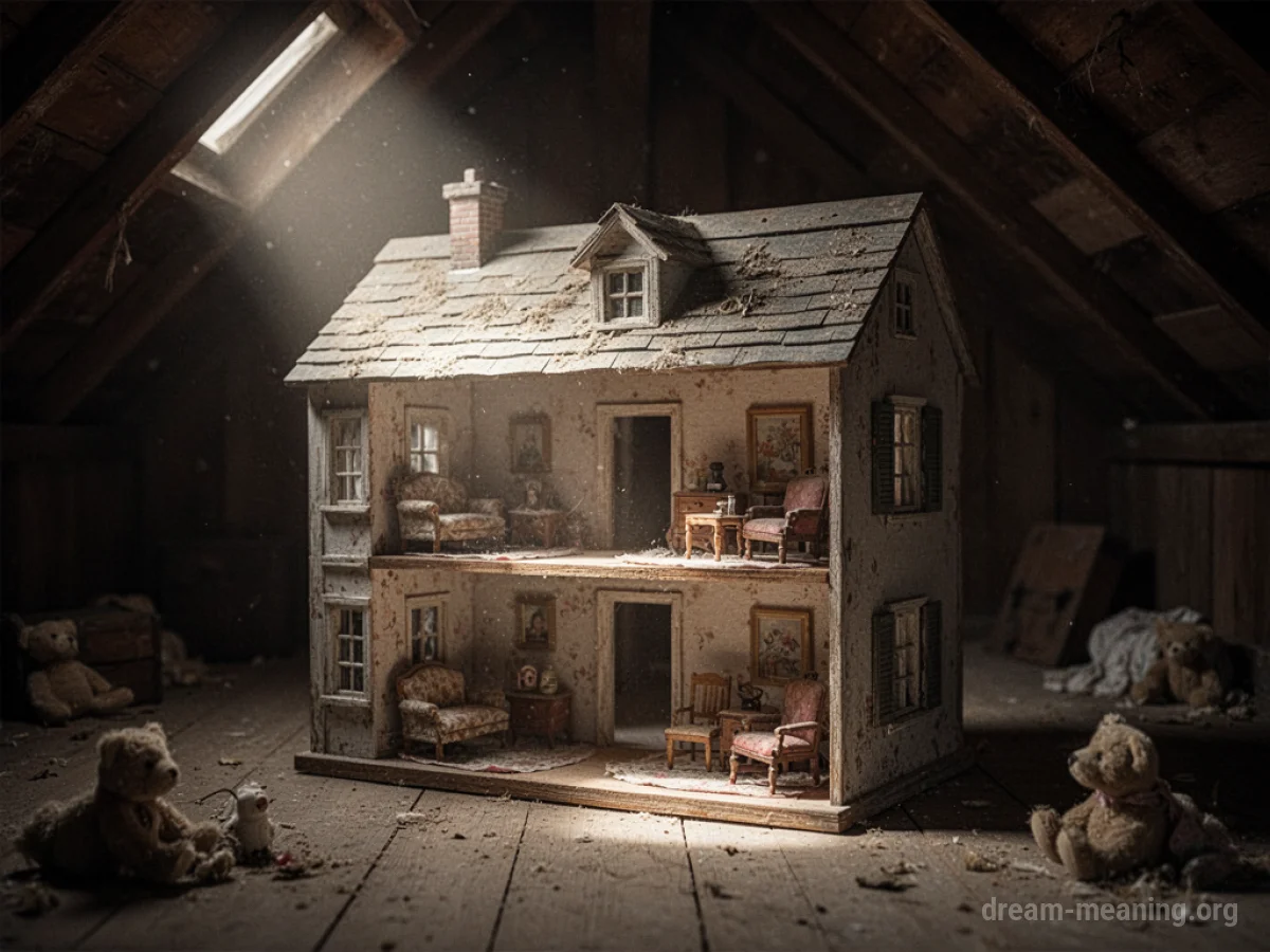 A miniature, old-fashioned dollhouse in an attic.