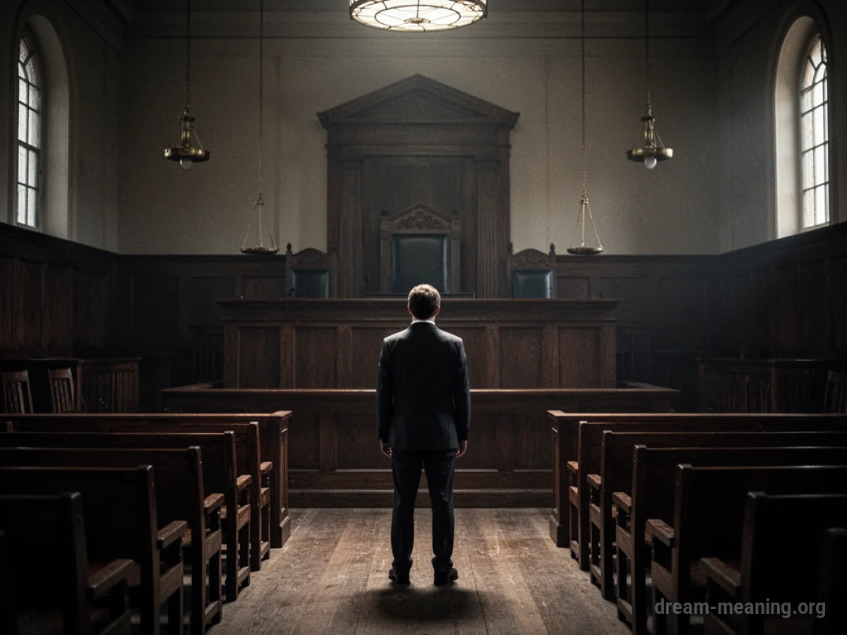 Silhouette of a person standing alone in a dark courtroom.