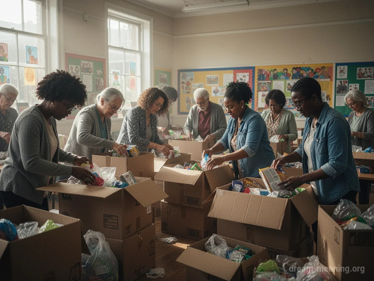 People sorting items into donation boxes.