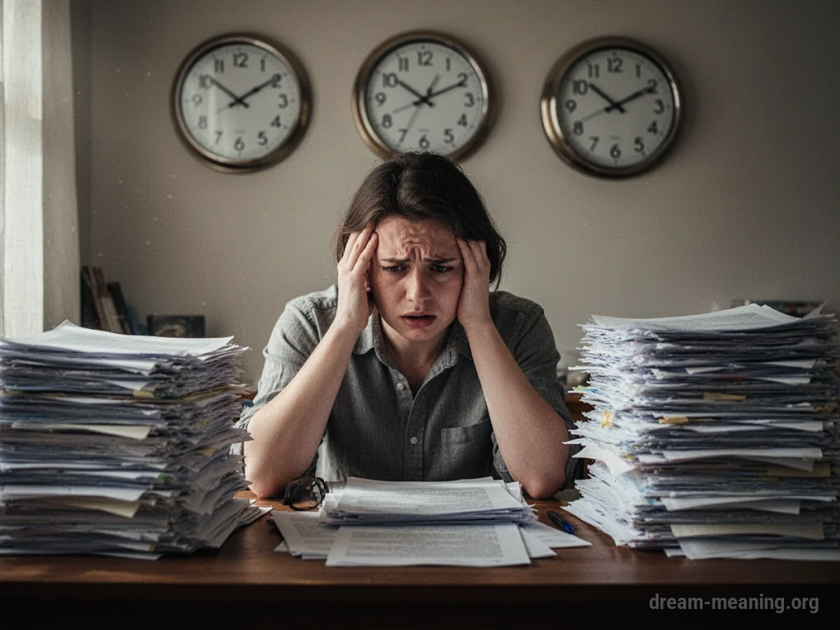 A person stressed at a desk with many papers and clocks.