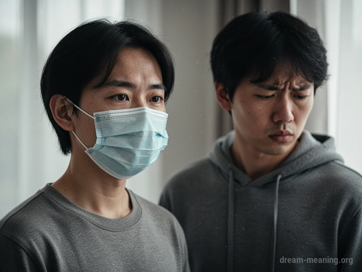 A person wearing a plain mask stands beside another person.