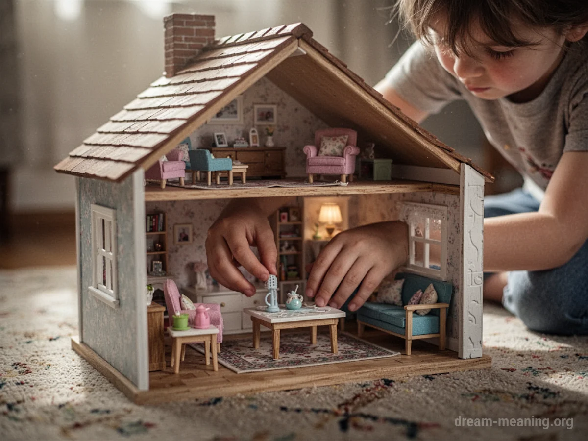 A child's hands placing a tiny chair inside a dollhouse.