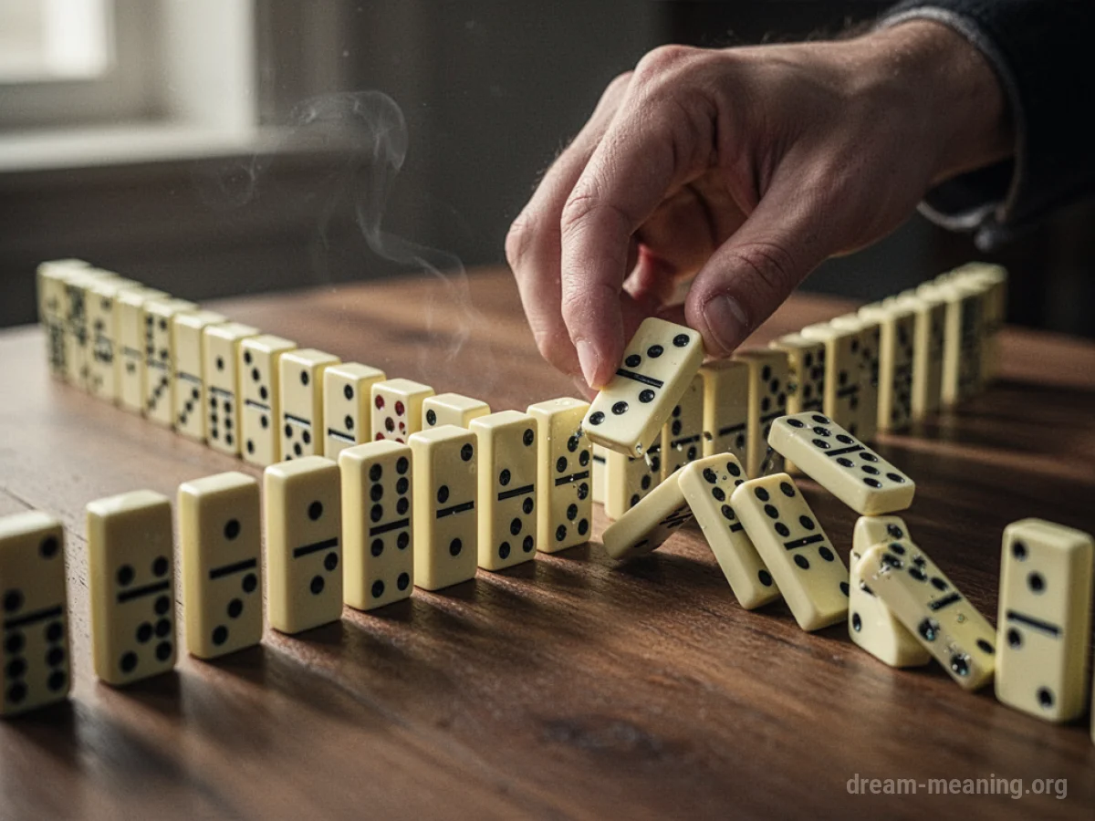 A close-up of a hand placing a domino tile, with a line of dominoes stretching into the distance.
