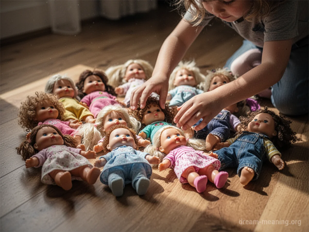 Close-up of child's hands arranging various dolls on a wooden floor.