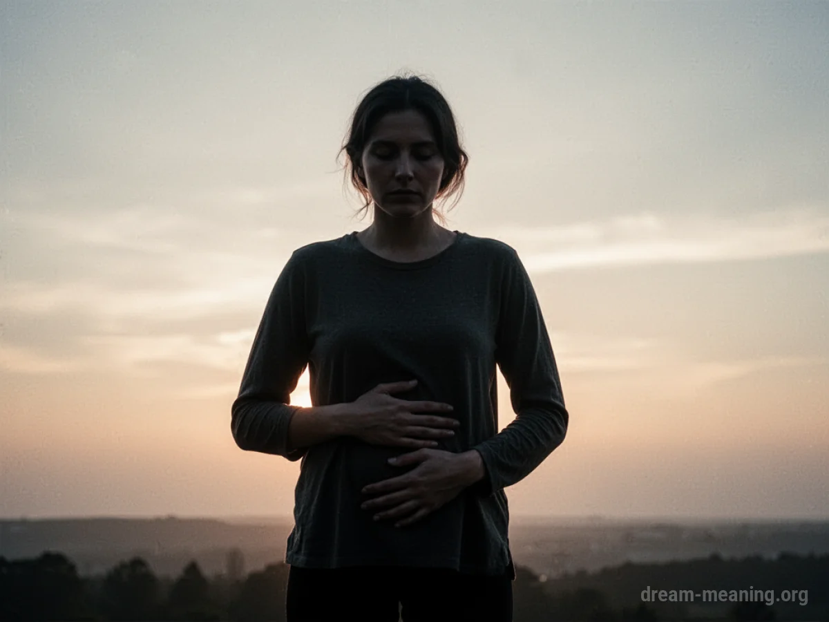 Silhouette of a person with one hand on their abdomen against a sunrise.