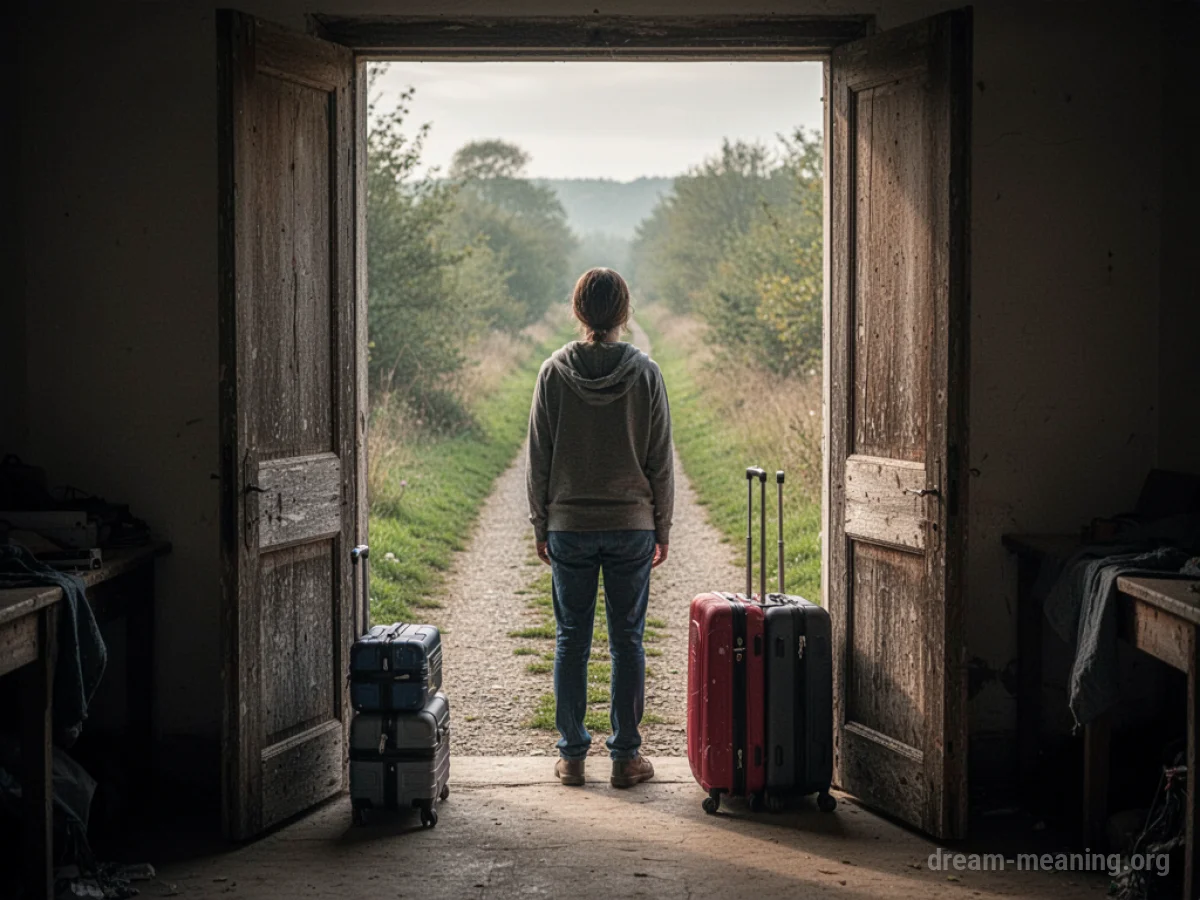 A person stands by an open door with luggage nearby, gazing down a long pathway.