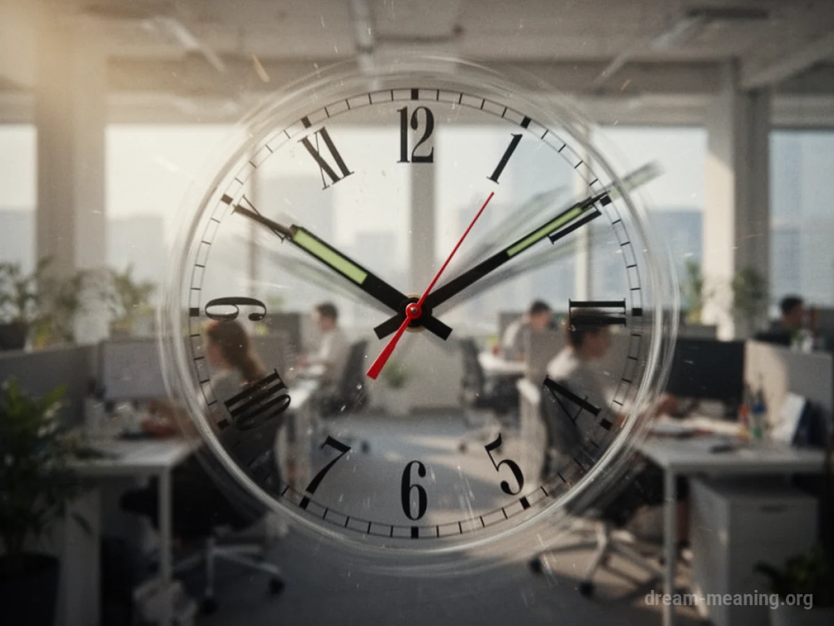 Close-up of a clock face with blurred office background.