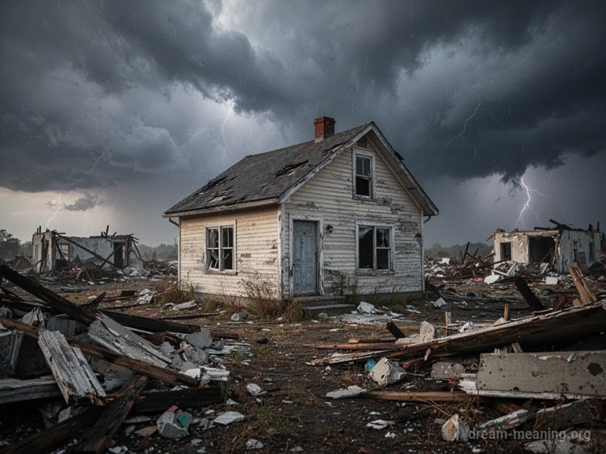 A lone house surrounded by rubble and debris.