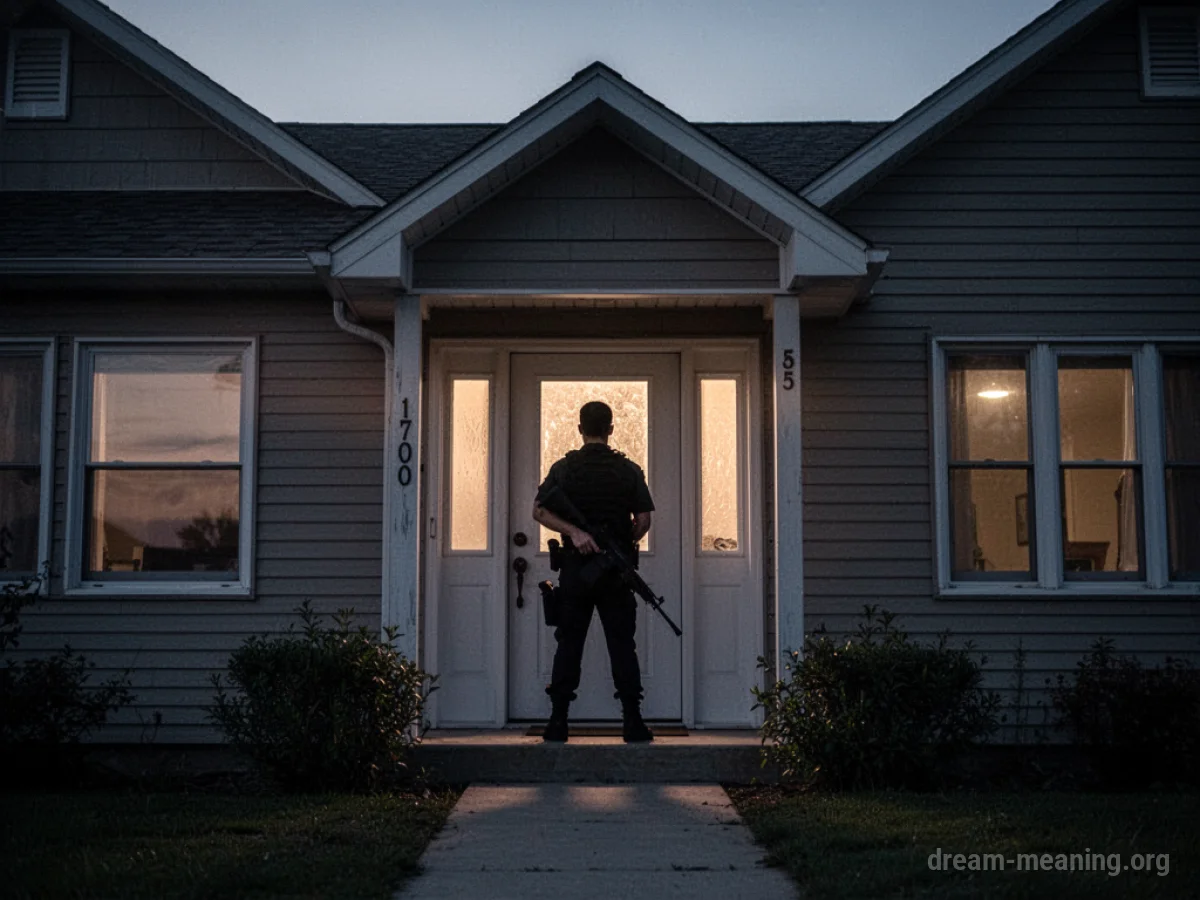 Silhouette of a person standing watchfully at the entrance of a house.
