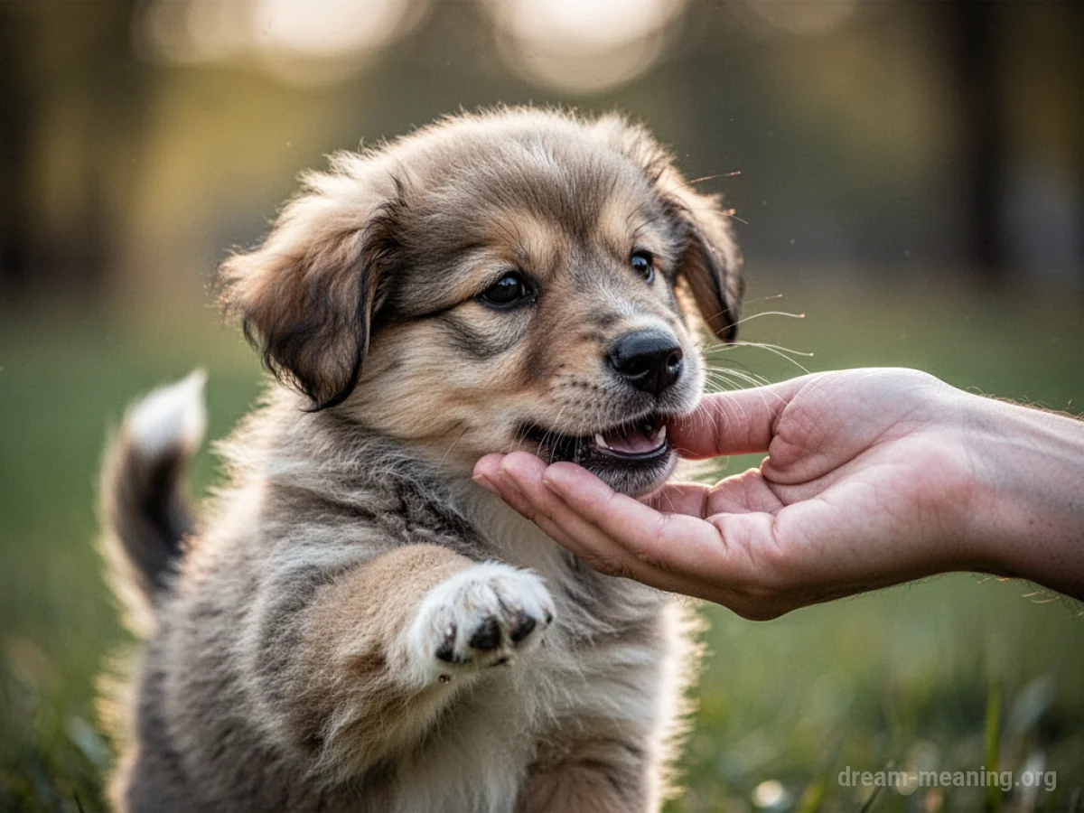 A small puppy with its mouth open, gently biting a person's finger.