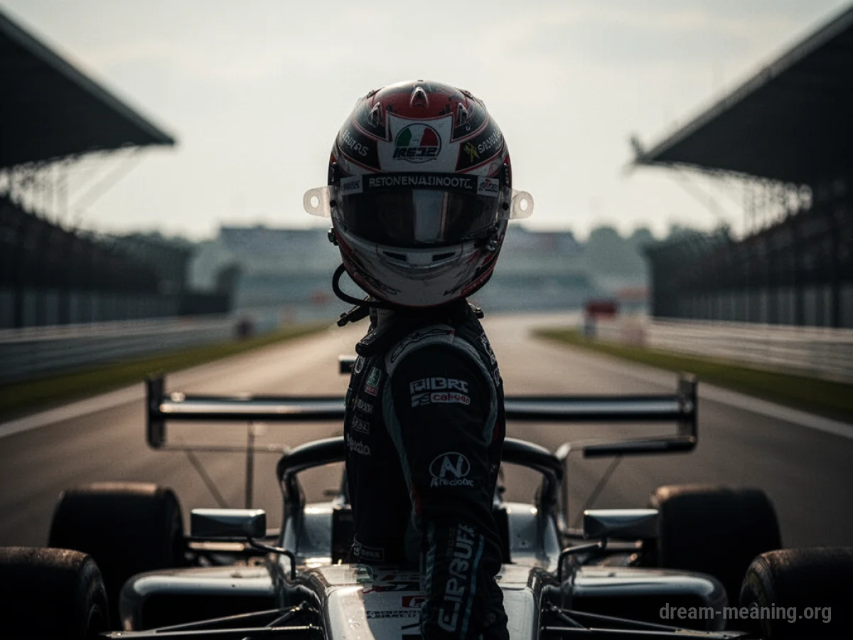 Silhouette of a race car driver standing on a blurred race track.