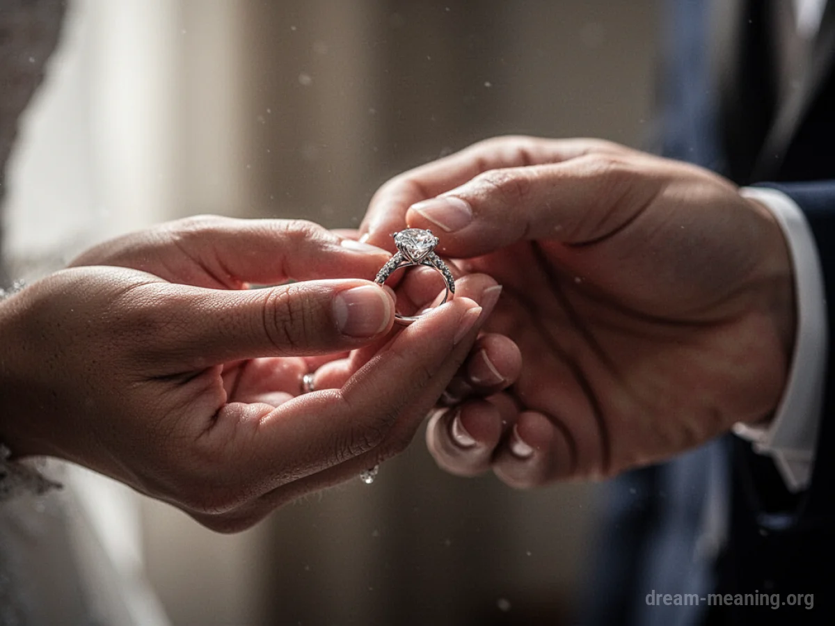 A hand extends to accept a diamond ring offered by another hand.
