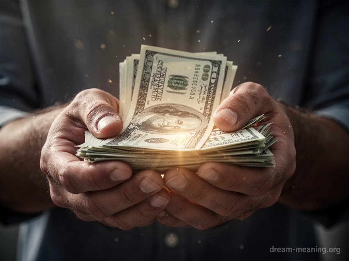 A pair of hands receiving a small stack of paper money.