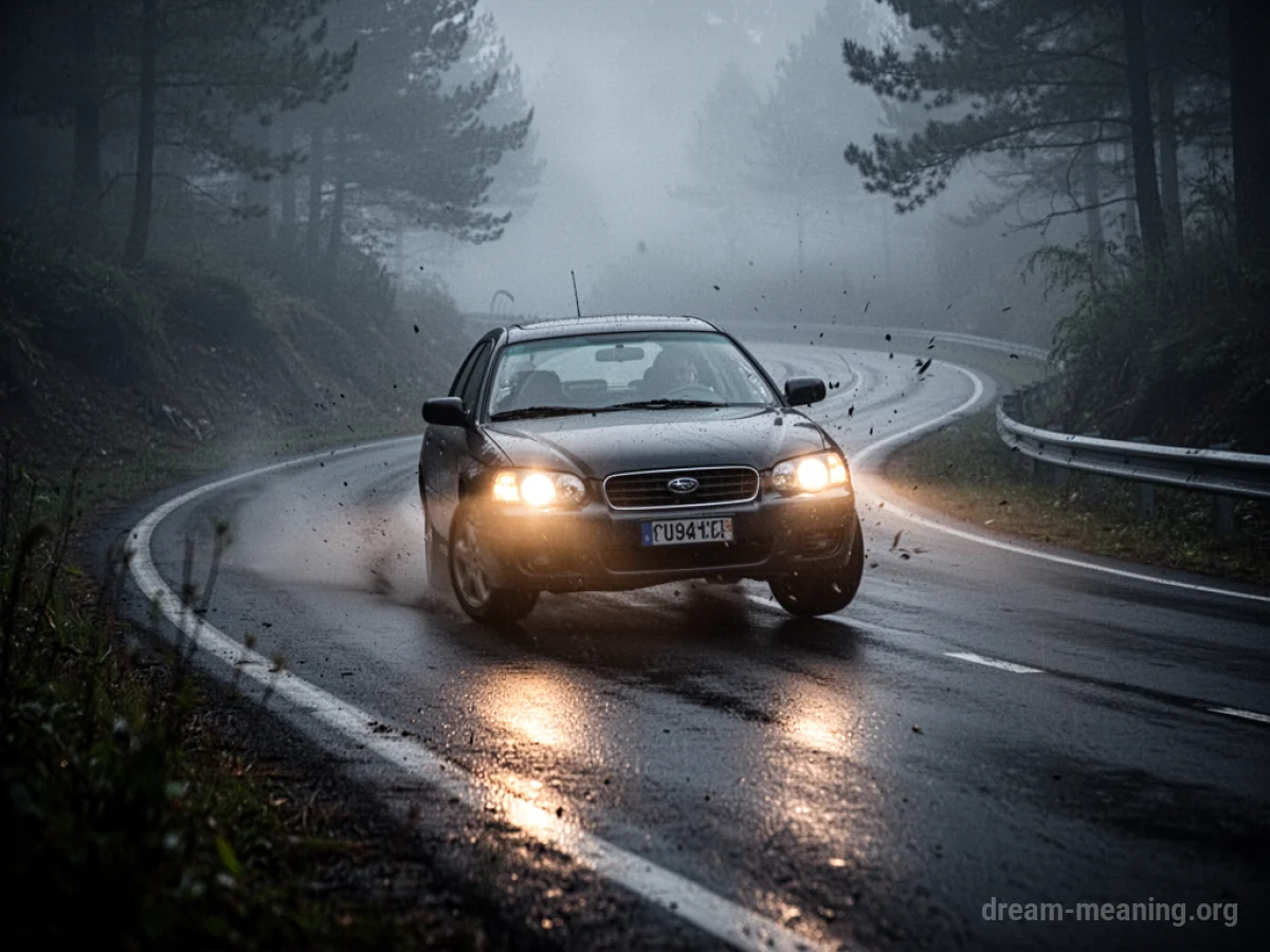 A car swerving on a dark, misty road.