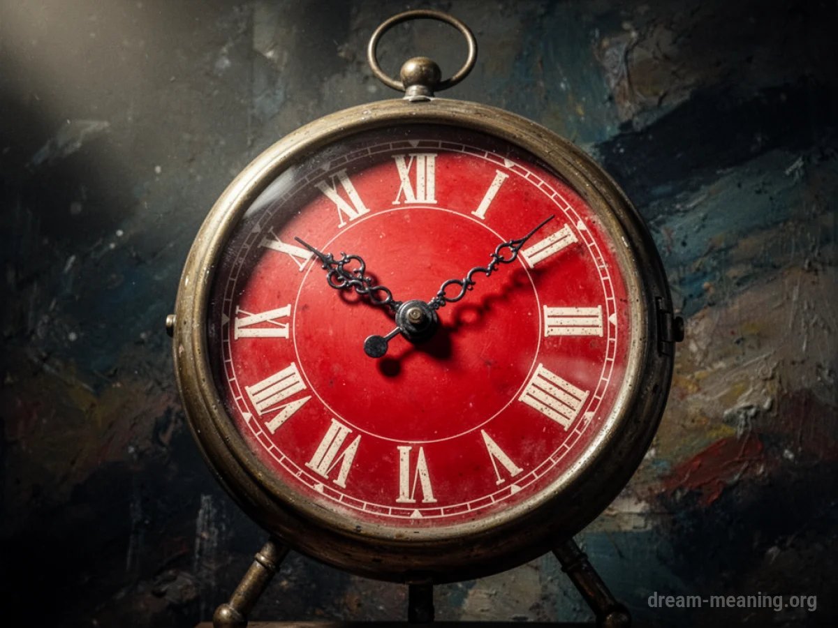 An antique clock with a red face and fast-moving hands.