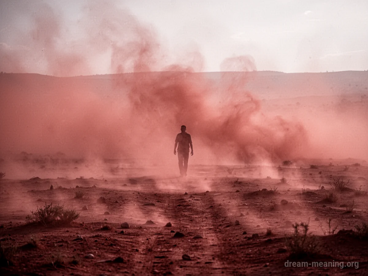 A dense red dust storm covering a landscape with a small silhouette of a person.