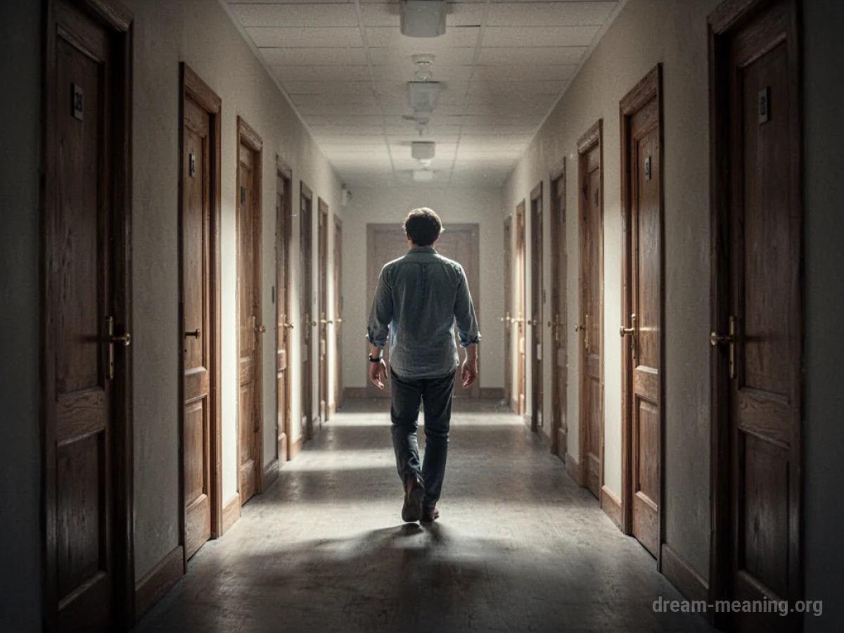 A person walking down a hallway lined with identical doors.