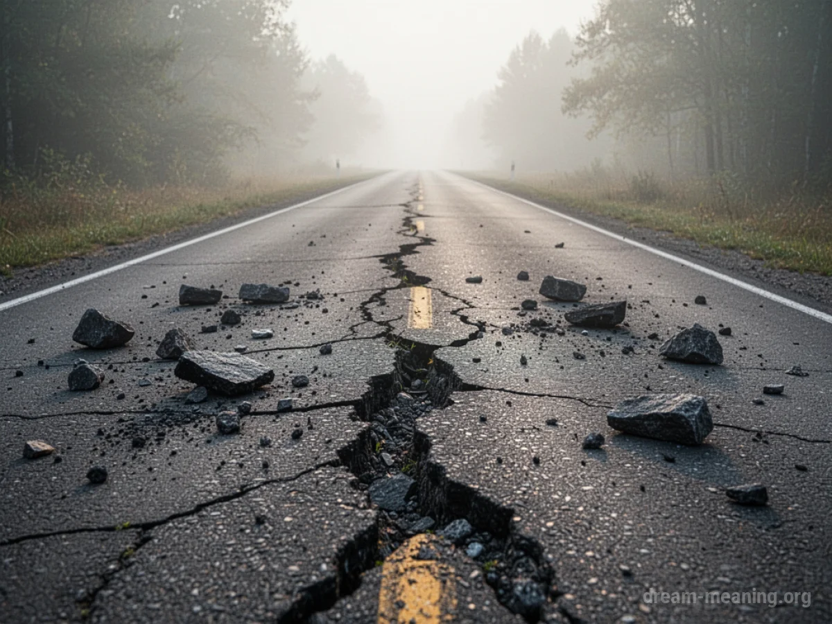 A damaged road with visible cracks and debris.