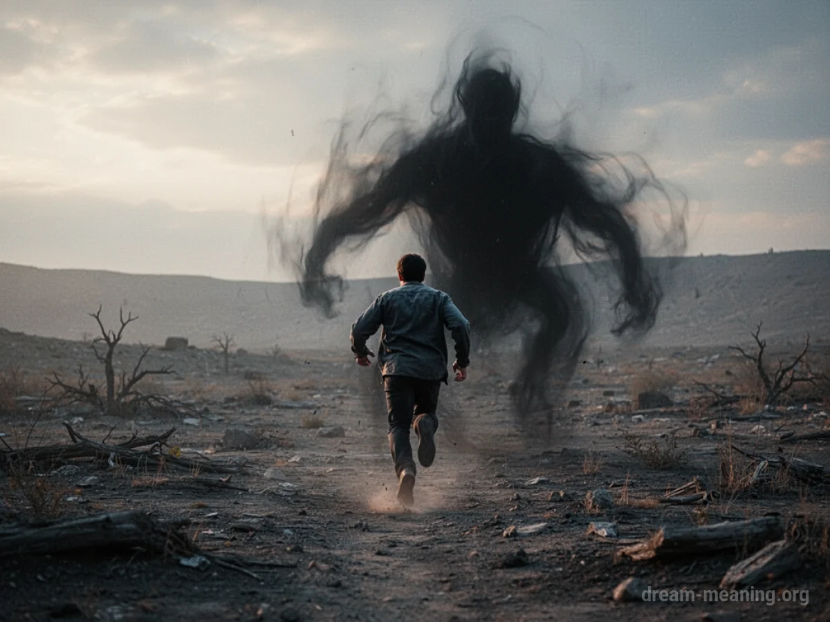 Silhouette of a person running across a barren field with a large shadow figure behind them.