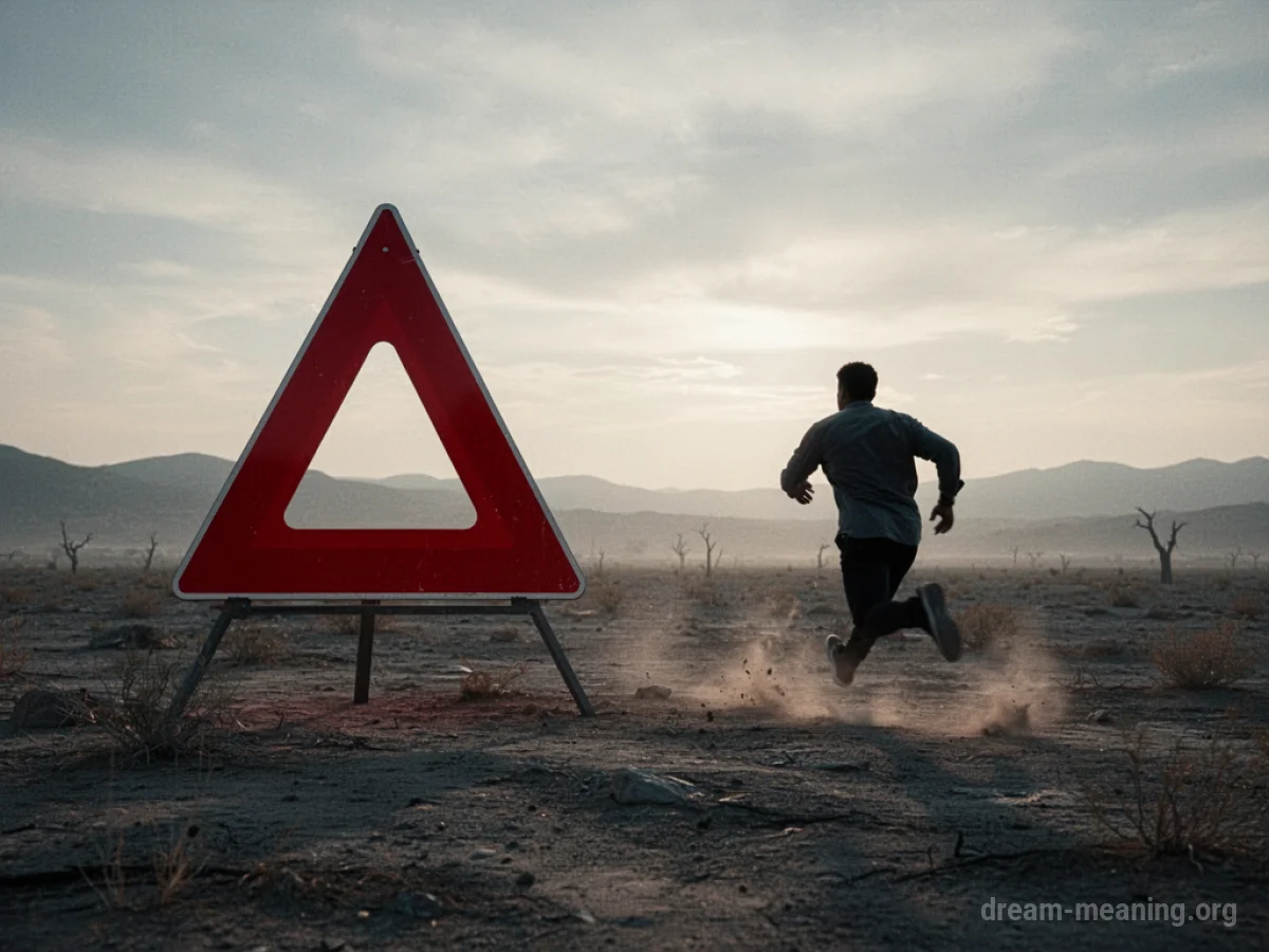 Silhouette of a person running away from a red triangular warning sign.