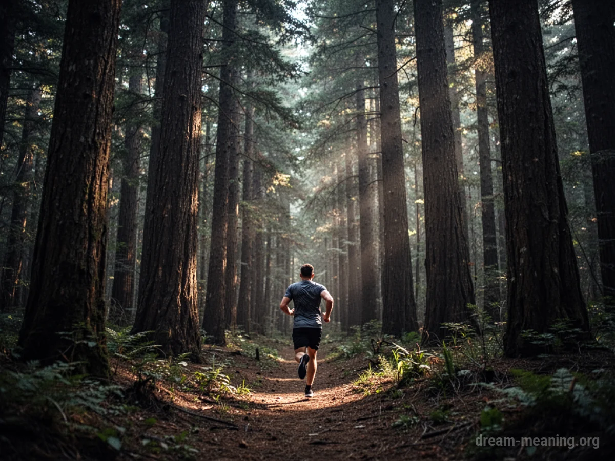 A person running away through a dark, dense forest.