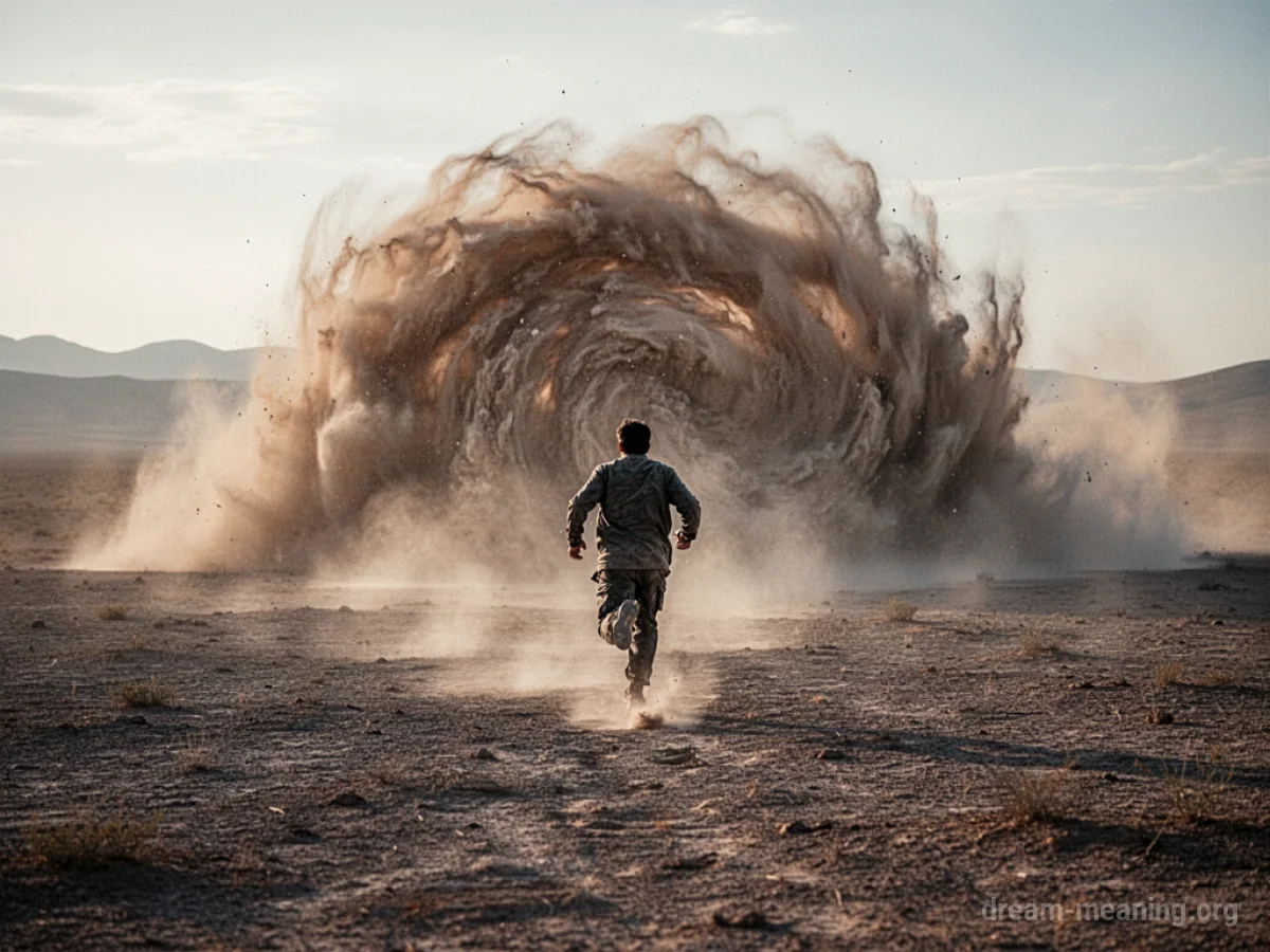Silhouette of a person fleeing a massive dust storm on a desolate plain.