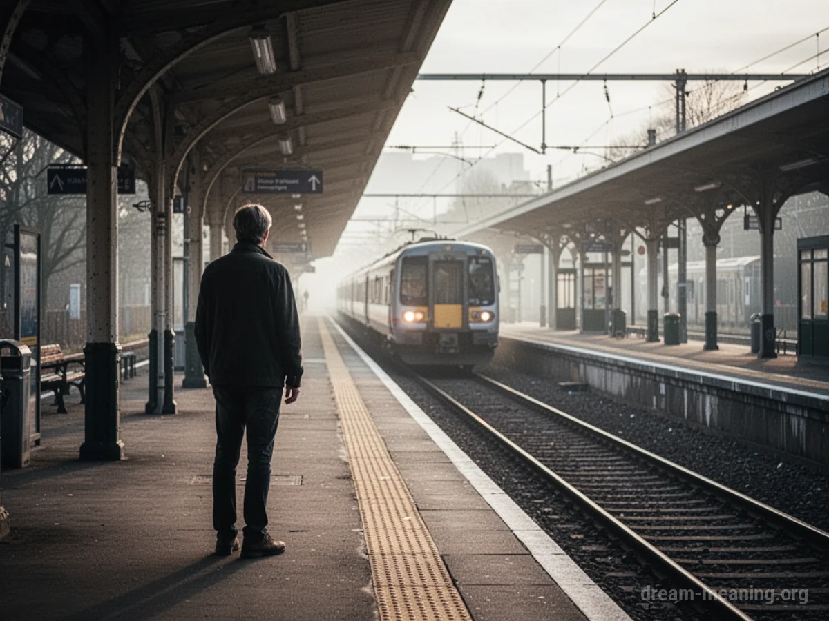 A person watches a departing train from a platform.