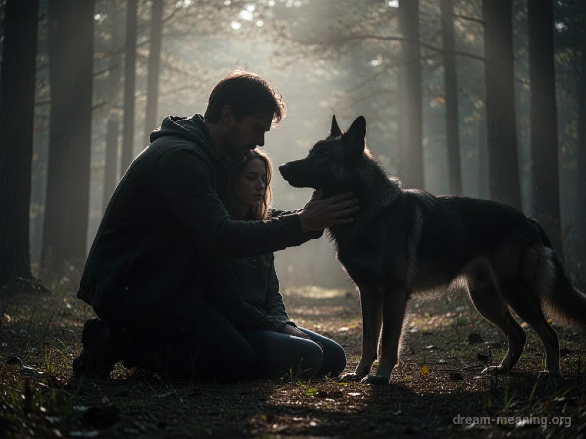 Silhouette of one person protecting another from a shadowy dog.