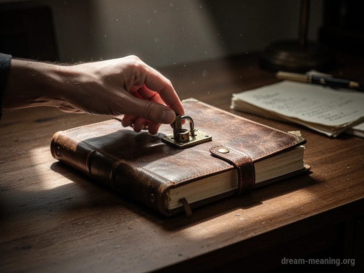 A hand holding a key about to unlock a diary on a desk.