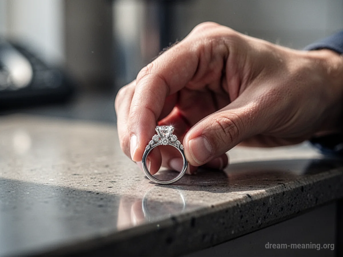 A person's hand offering a diamond ring across a surface.