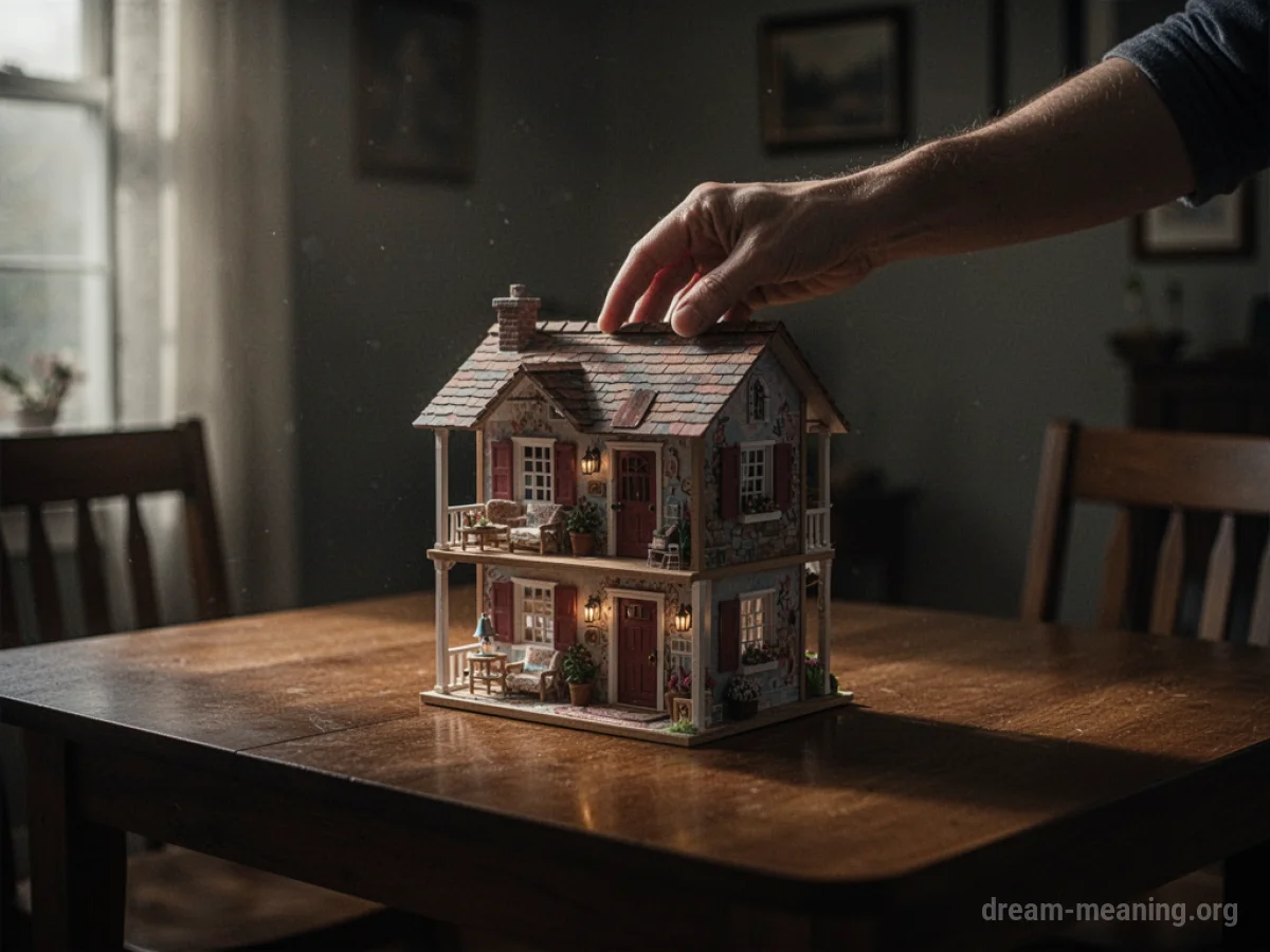 A hand placing a dollhouse on a table.