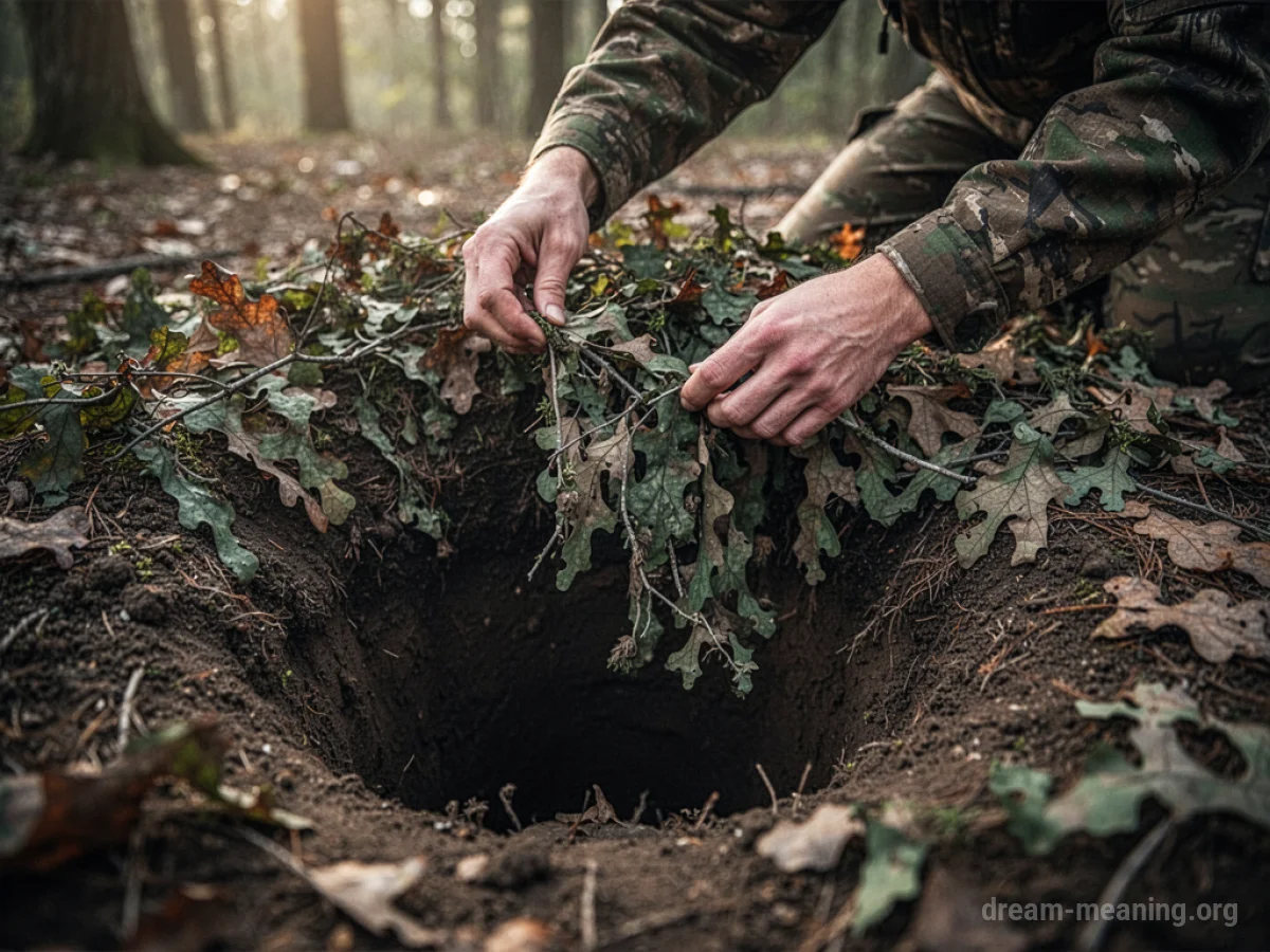 Hands camouflaging a pit trap.