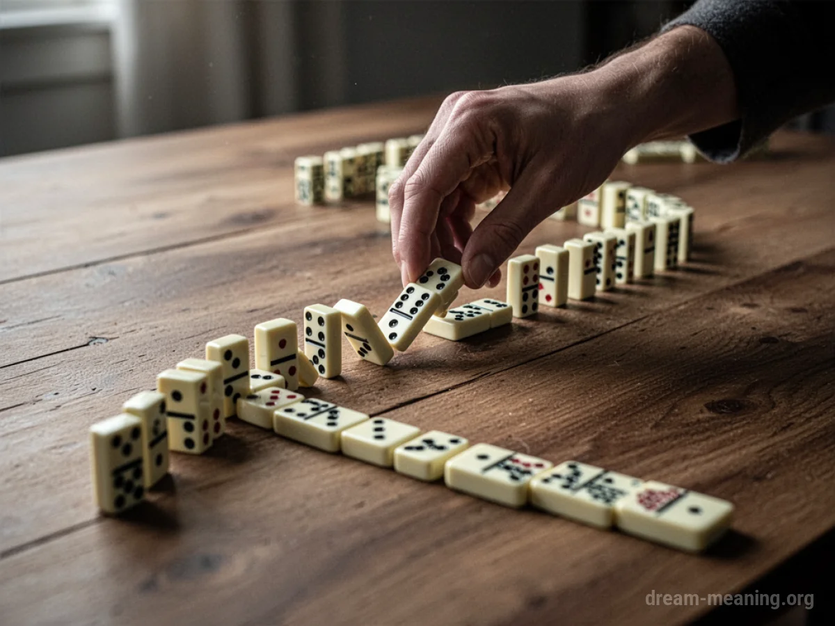 A person's hand placing dominoes in a line.