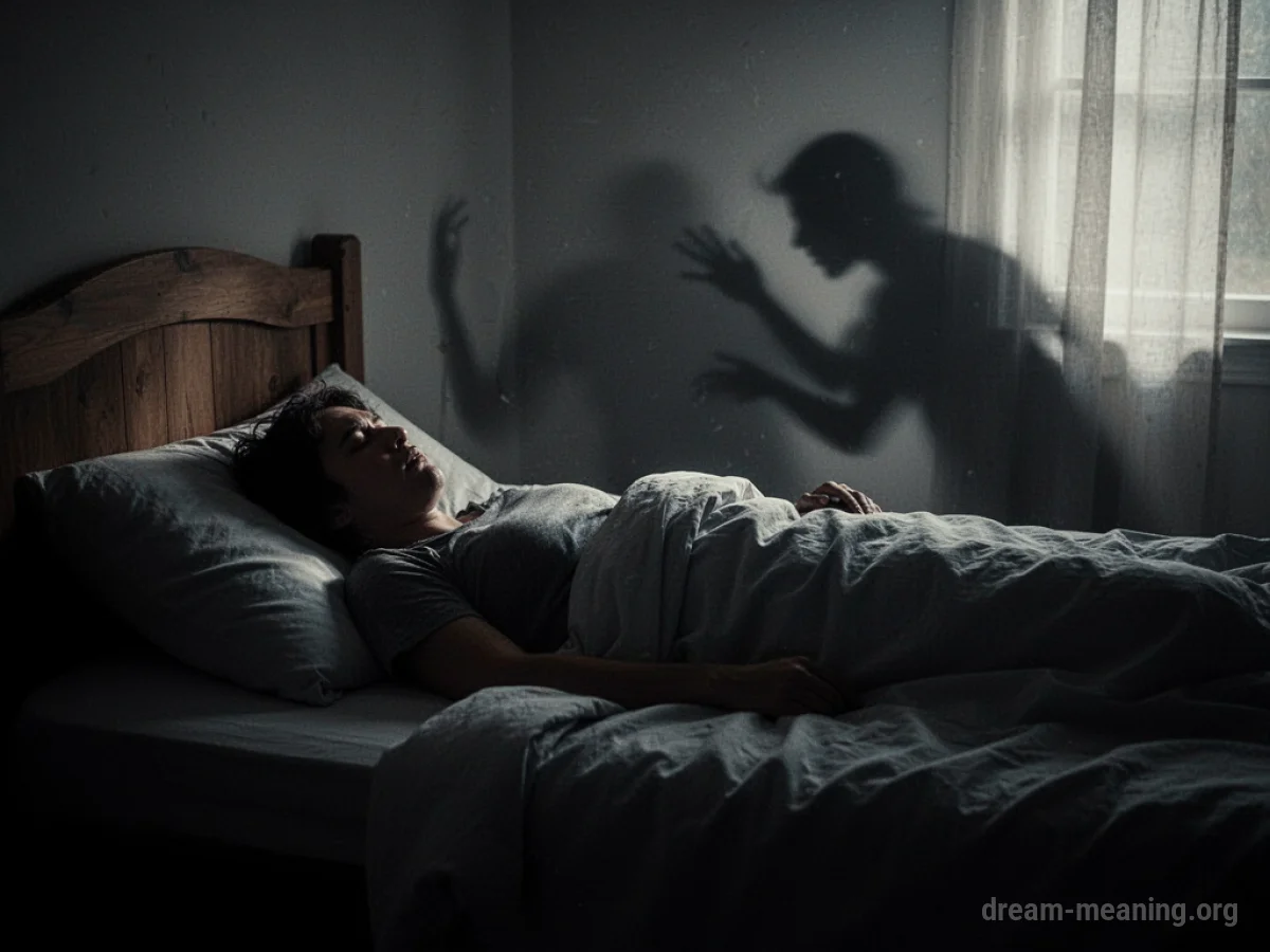 Silhouette of a person lying in bed, unable to move, with dark shadows in the room.