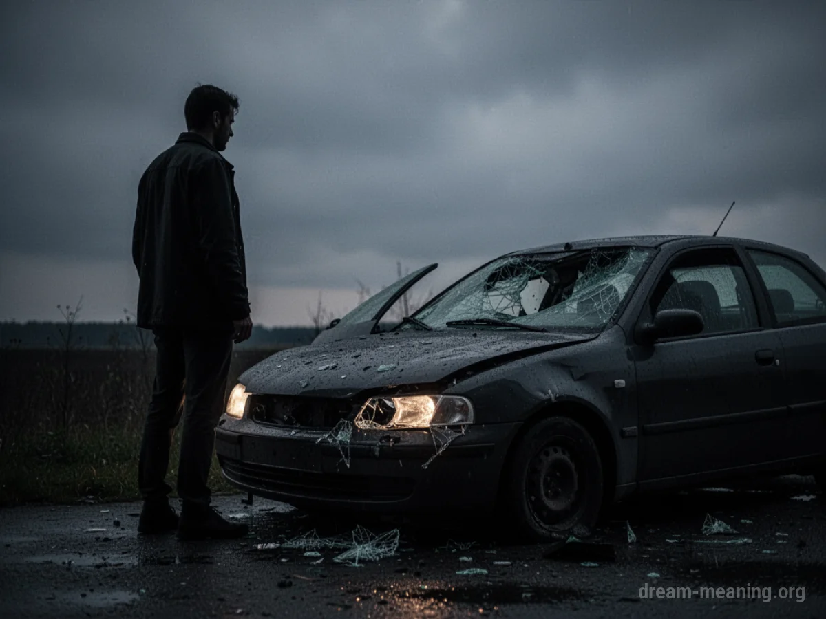 Silhouette of a person beside a damaged car with broken headlights.
