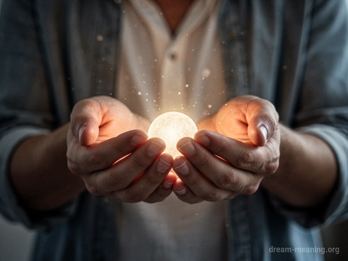 Two hands cupped, receiving a softly glowing orb.