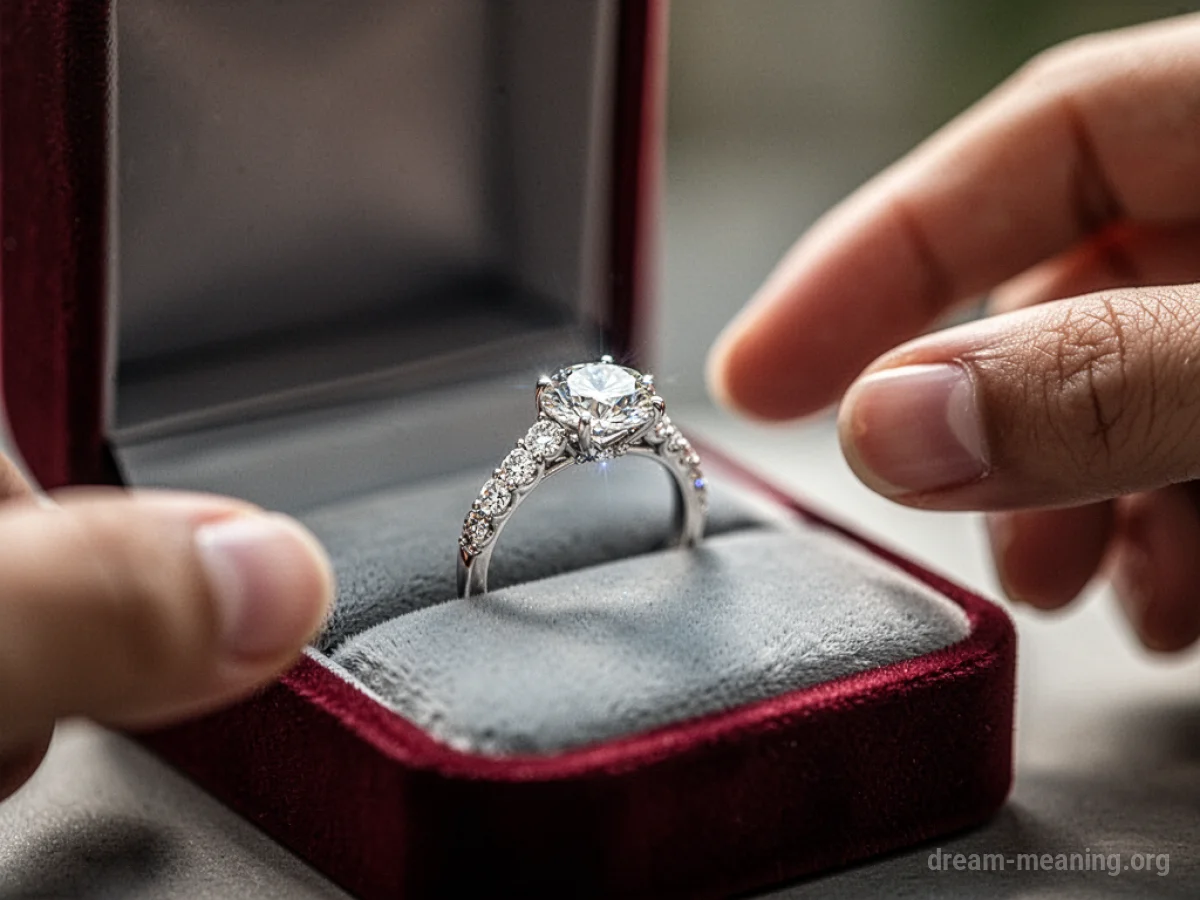 A diamond ring on a velvet cushion with a hand reaching for it.
