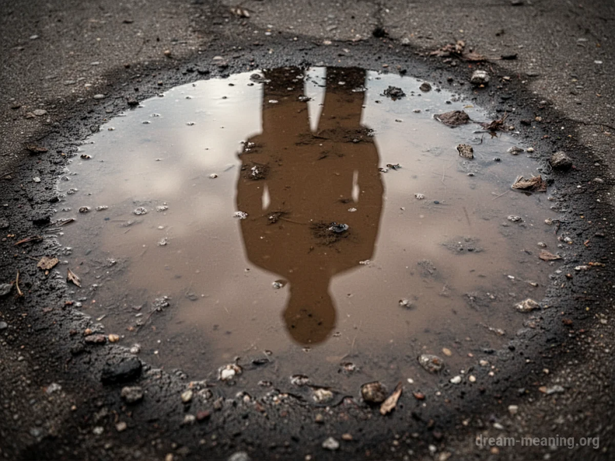 A murky puddle of brown water with a distorted silhouette reflected in it.
