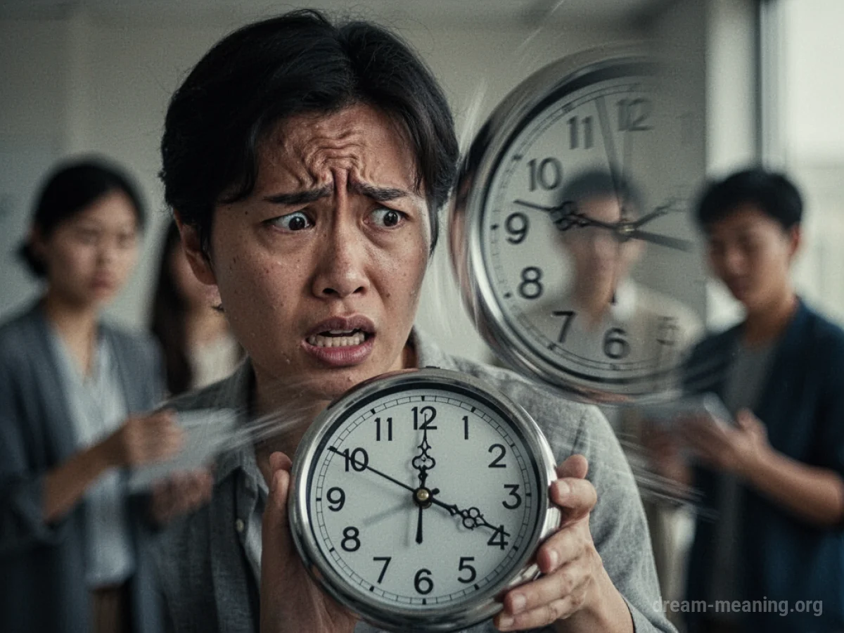A person glancing anxiously at a clock with fast-moving hands.