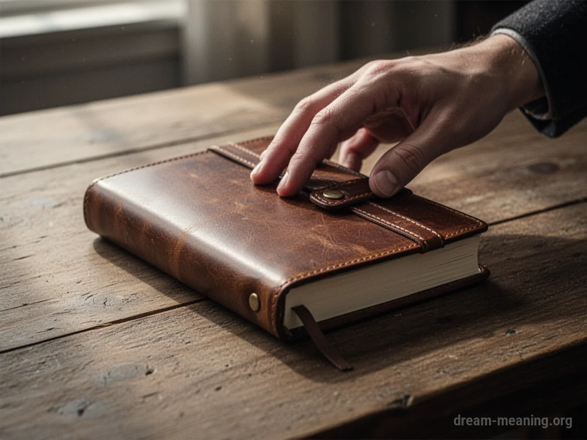 A hand places a closed leather diary on a wooden table.