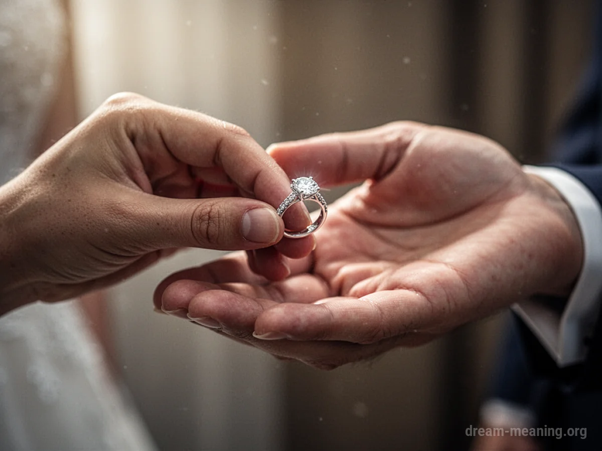 A hand presenting a diamond ring to another hand.