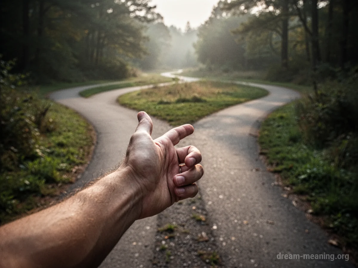 A hand pointing forward at a fork in a path.