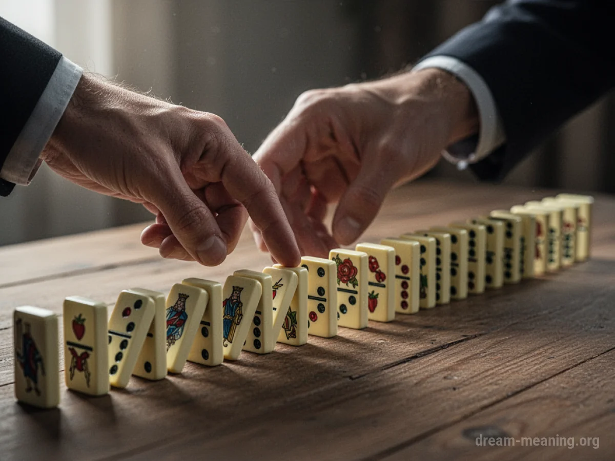 A hand nudging the first of many standing dominoes in a line.