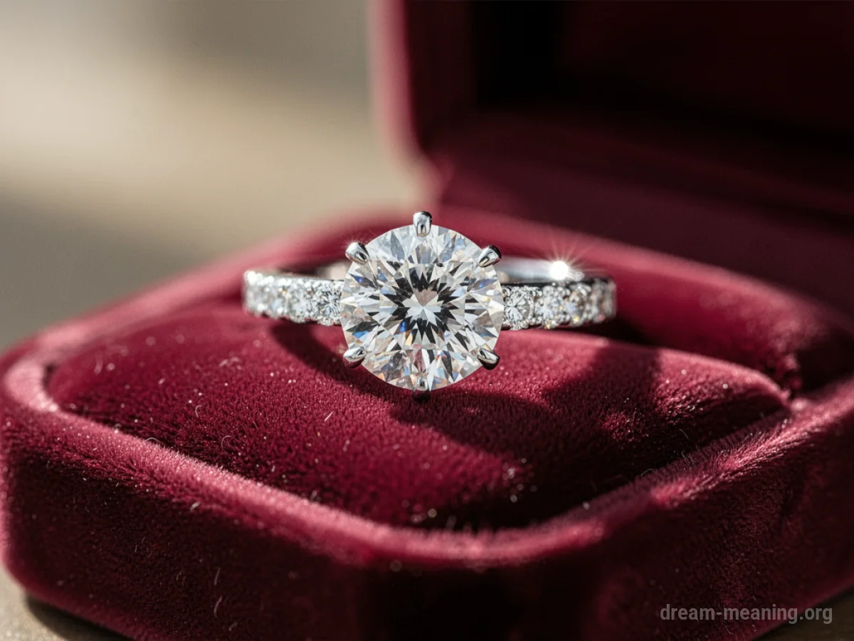A sparkling diamond ring on a velvet cushion.