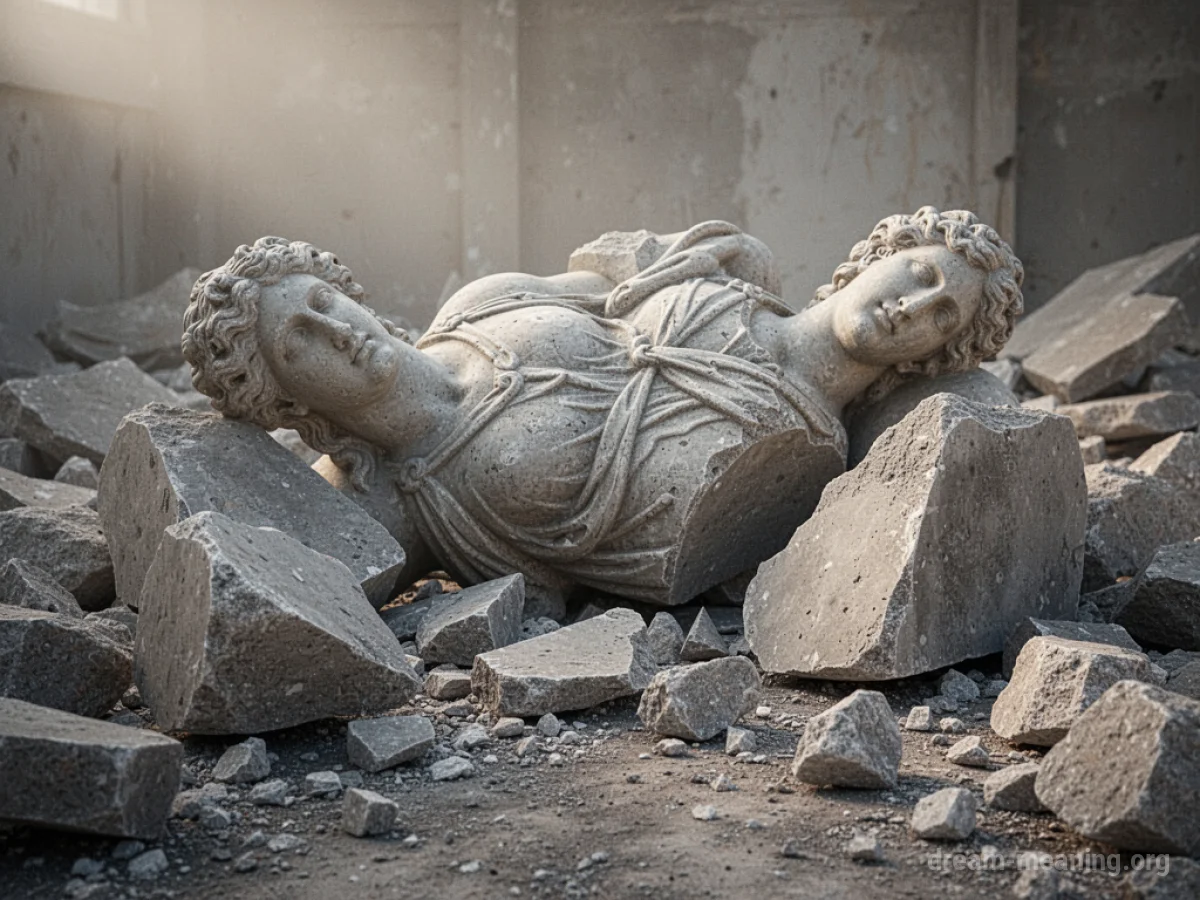 A broken stone statue lying in pieces on the ground.